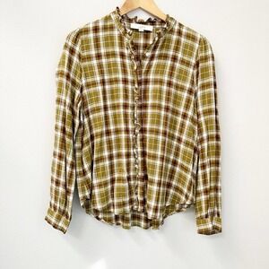 Loft Linen Blend Plaid Shirt Button Up Blouse Size Small